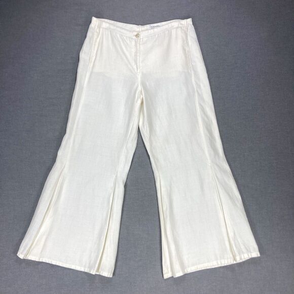 CHANEL Palazzo Flare Leg Pants Women 14 Ivory Hi Waist Elegant Luxury - Picture 1 of 16